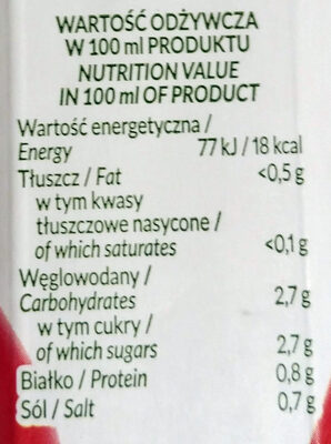 Sok 100% pomidor nutrition facts table
