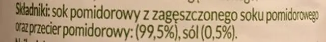 Sok 100% Pomidor ingredients label