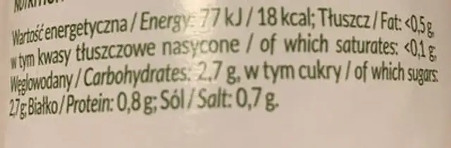 Sok 100% Pomidor nutrition facts table