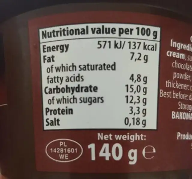 Bakoma Sonata Gold Chocolate Dessert nutrition facts table