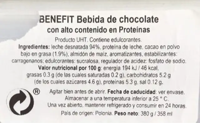 BENEFIT nutrition facts table