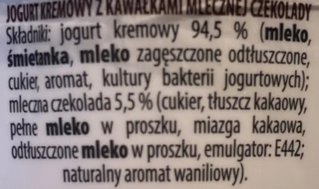 Jogurt kremowy z kawałkami mlecznej czekolady ingredients label