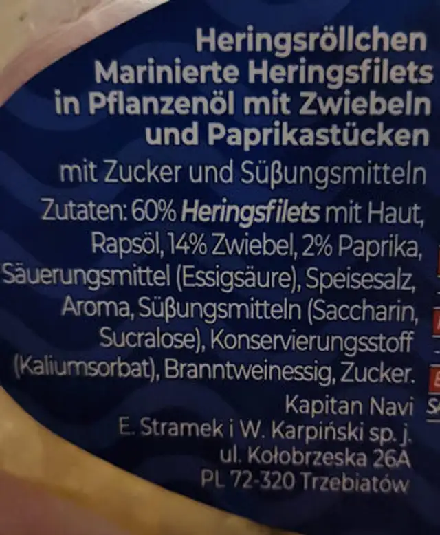 Hering roll ingredients label