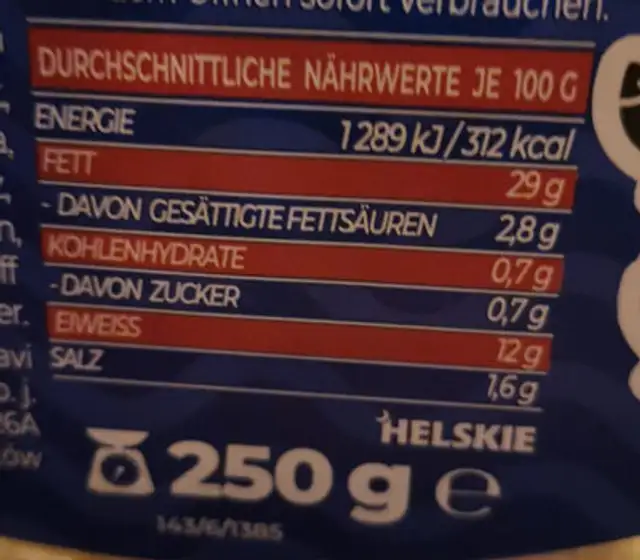 Hering roll nutrition facts table