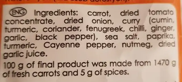 Crispy Natural Getrocknete Karotten Mit Paprika, 12er Pack (12 x 15 G) ingredients label