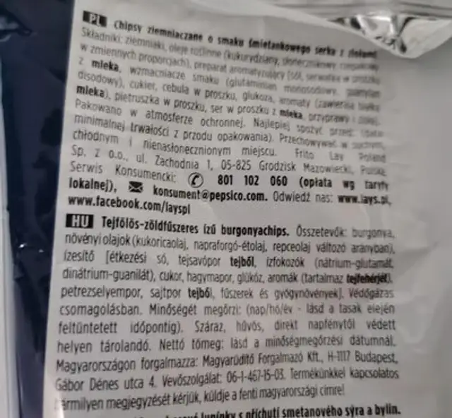 Lays sour cream ingredients label