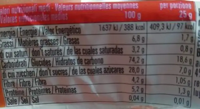 Snack cerealli e frutta nutrition facts table
