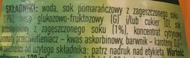 Tymbark Pomarańcza Brzoskwinia ingredients label