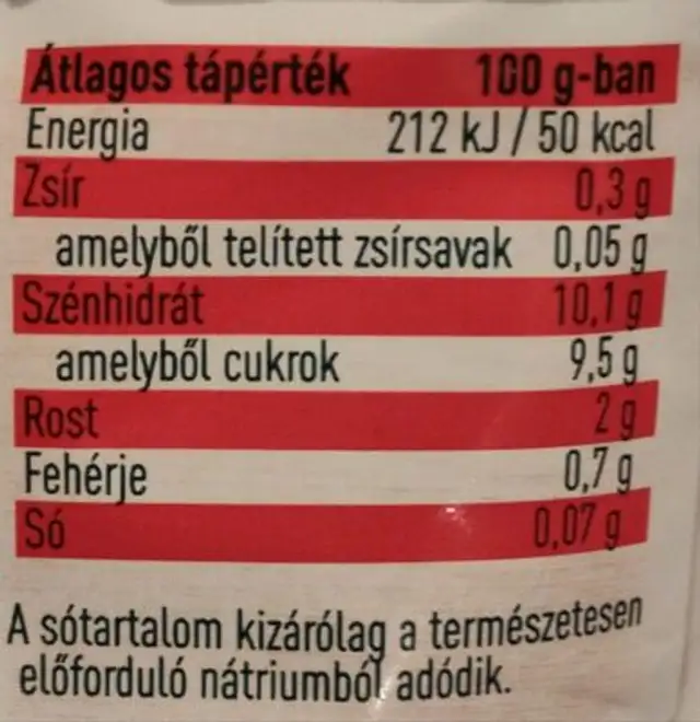 Gyümölcspüré 100% nutrition facts table