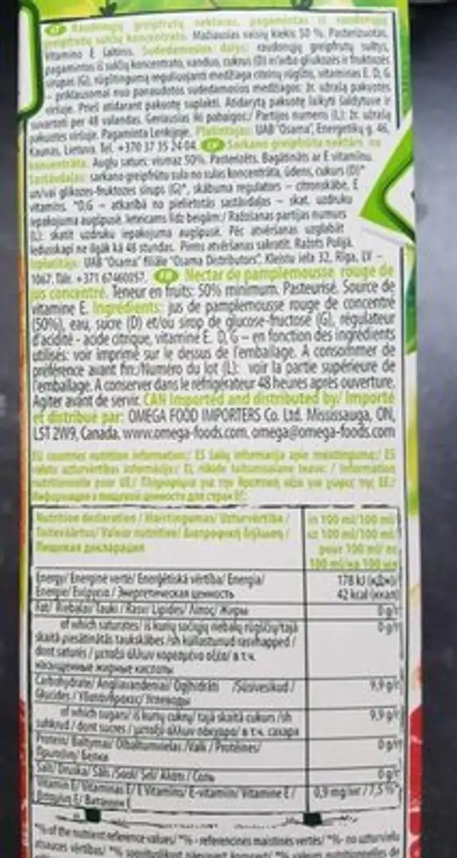 Tymbark Fruit Juice Red Grapefruit nutrition facts table