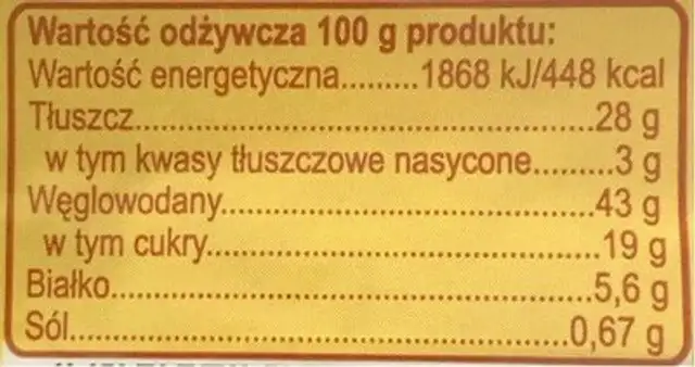 Oskroba Vanilla Pound Cake 500 G nutrition facts table