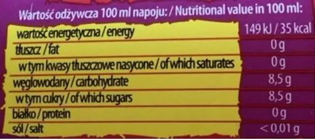Oranżada nutrition facts table