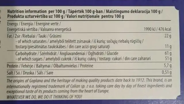 Crunchy nutrition facts table