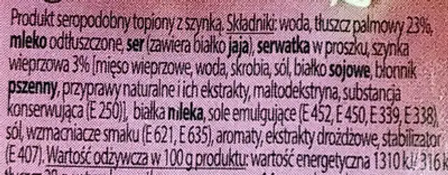 Topiony z szynką ingredients label