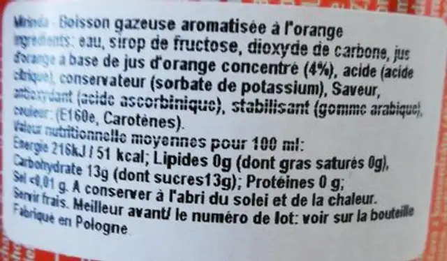 Mirinda Orange ingredients label