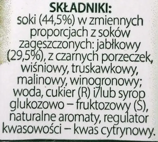 Nektar wieloowocowy ingredients label