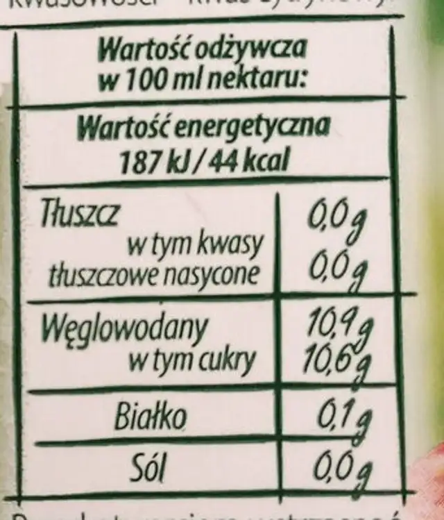 Nektar wieloowocowy nutrition facts table