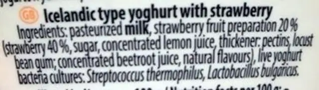 Skyr ingredients label