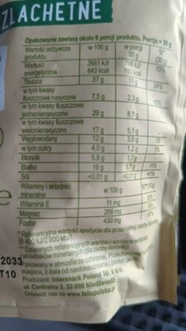 Orzechy szlachetne nutrition facts table