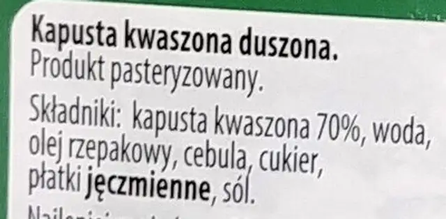 Kapusta kwaszona duszona ingredients label