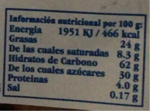Maiz tiramisù nutrition facts table