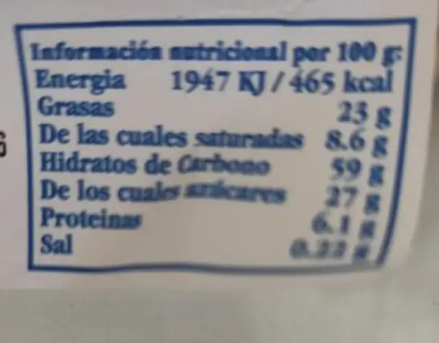 Galletas vaca nutrition facts table