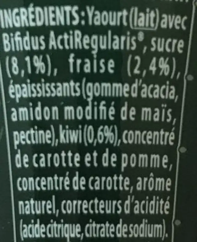 Activiabdrink Fraise+kiwi ingredients label