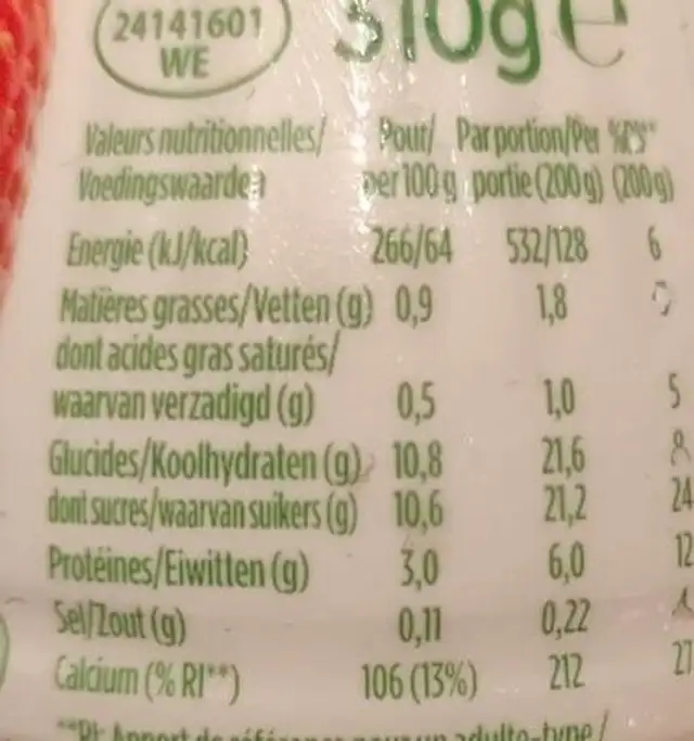 Activiabdrink Fraise+kiwi nutrition facts table