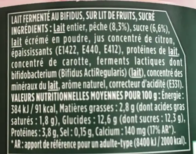 Activia Lait fermenté nature sur lit de pêche ingredients label