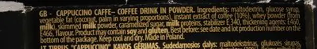 Mokate Gold Premium Cappuccino Caffe 15G ingredients label