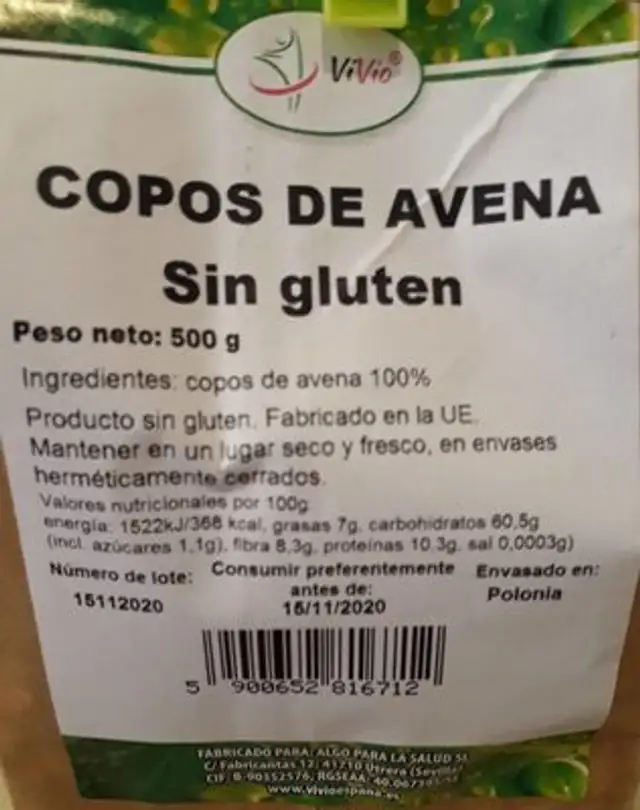 Avena sin Gluten nutrition facts table