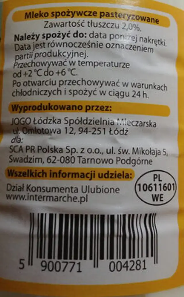 Mleko 2% ingredients label