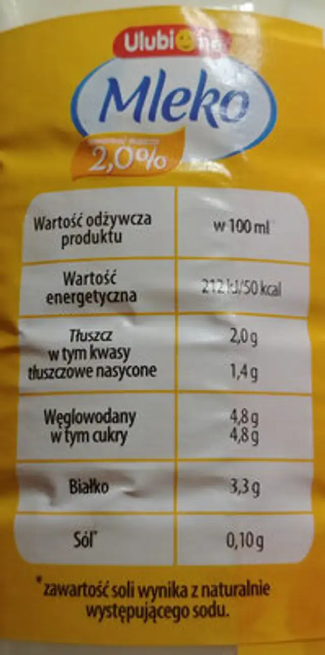 Mleko 2% nutrition facts table