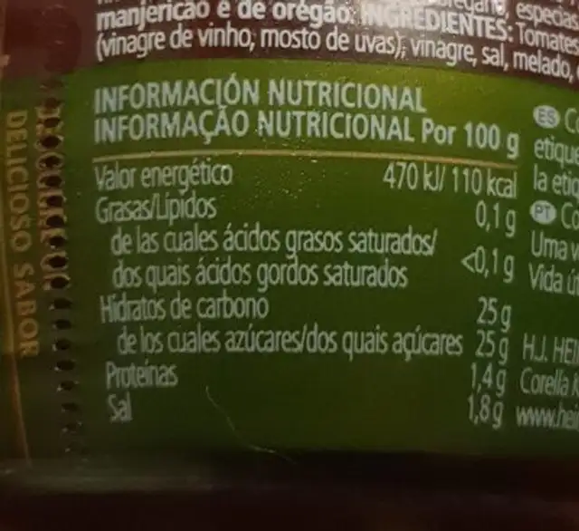 Ketchup cullinaire nutrition facts table