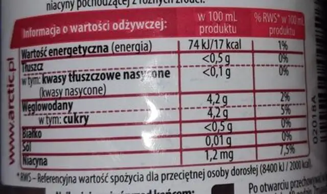 Arctic+ Elements Energy nutrition facts table