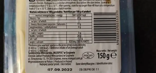 mlekpol nutrition facts table