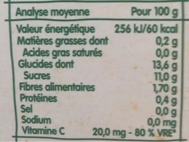 Compote pomme banane nutrition facts table