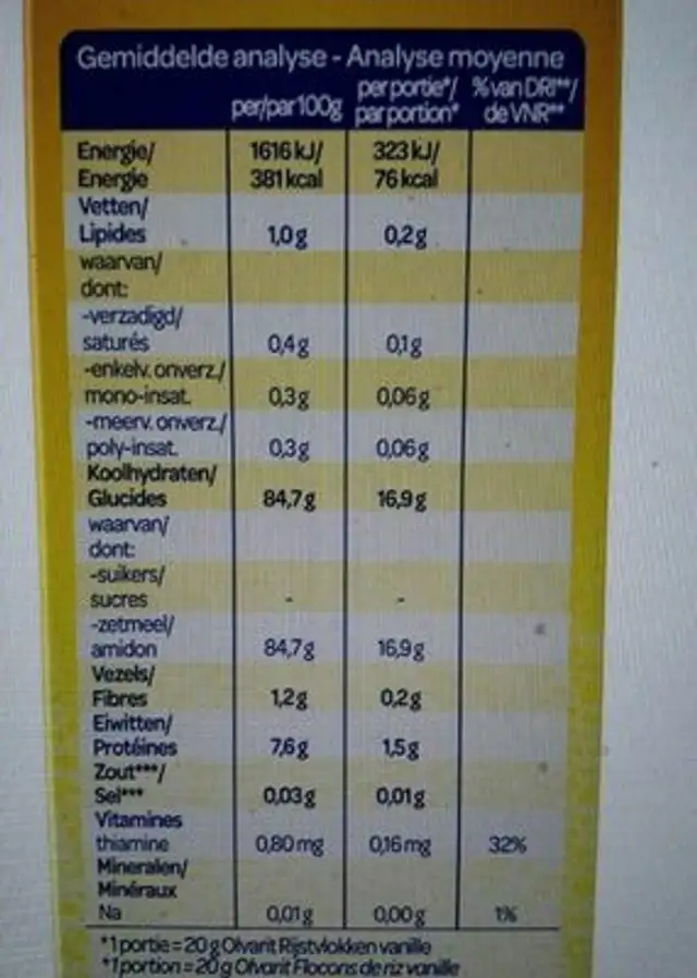 Flocons de Riz Vanille nutrition facts table