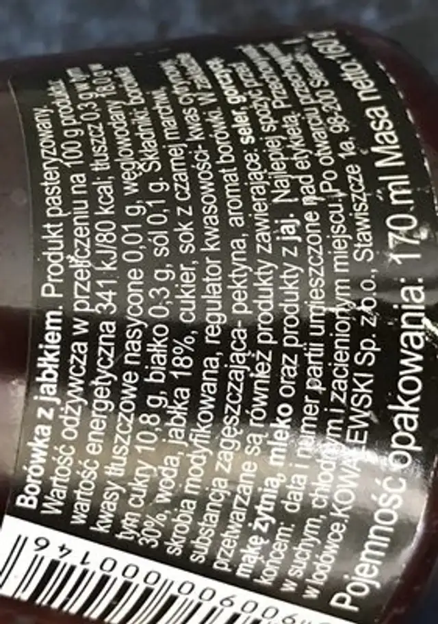 Borówka do mięs z jabłkiem ingredients label