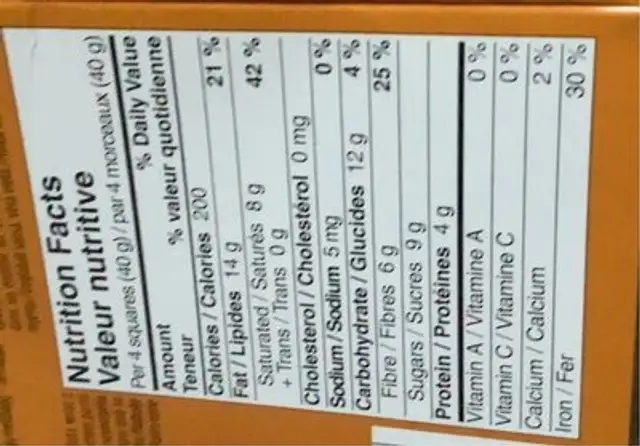 Chocolat noir nutrition facts table