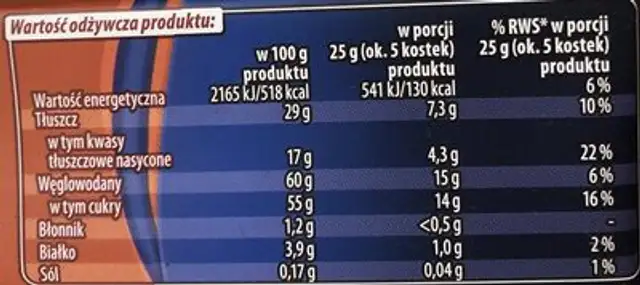 Czekolada mleczna nadziewana truskawkowa nutrition facts table