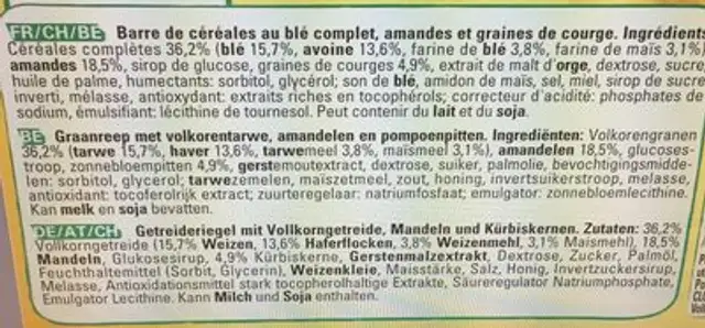 Barre de cereales Clusters ingredients label