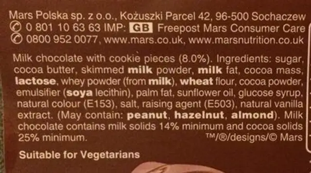 Galaxy Cookie Crumble 114grams ingredients label