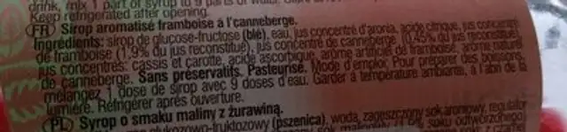 Sirop aromatisé framboise à la canneberge ingredients label