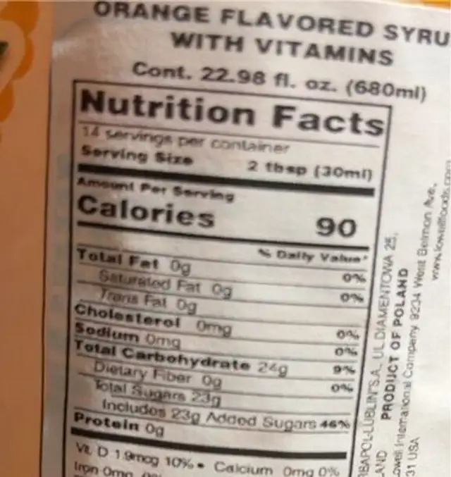 Pomarancza nutrition facts table