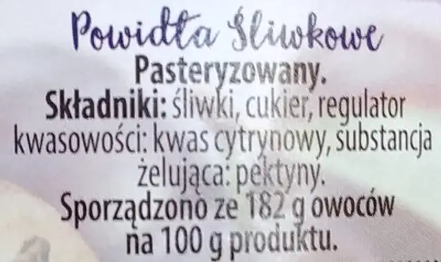 Powidła wegierkowe ingredients label