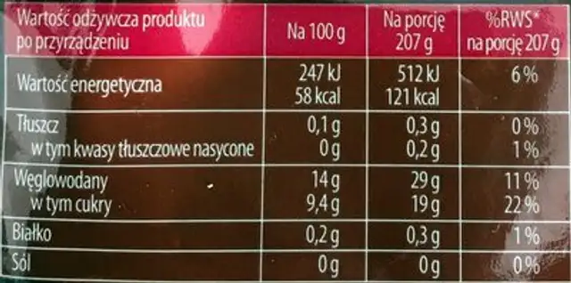 Choco owocowy kubek nutrition facts table
