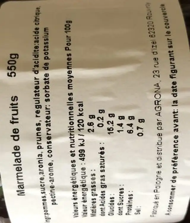 Marmelade de fruits ingredients label