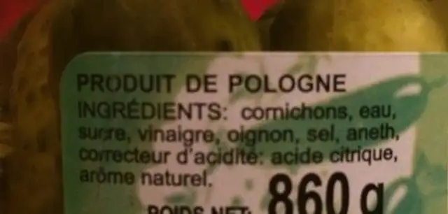 Cornichons aigre-doux ingredients label