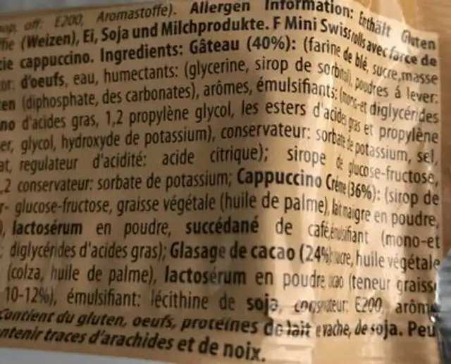 Mini Swiss-rolls ingredients label
